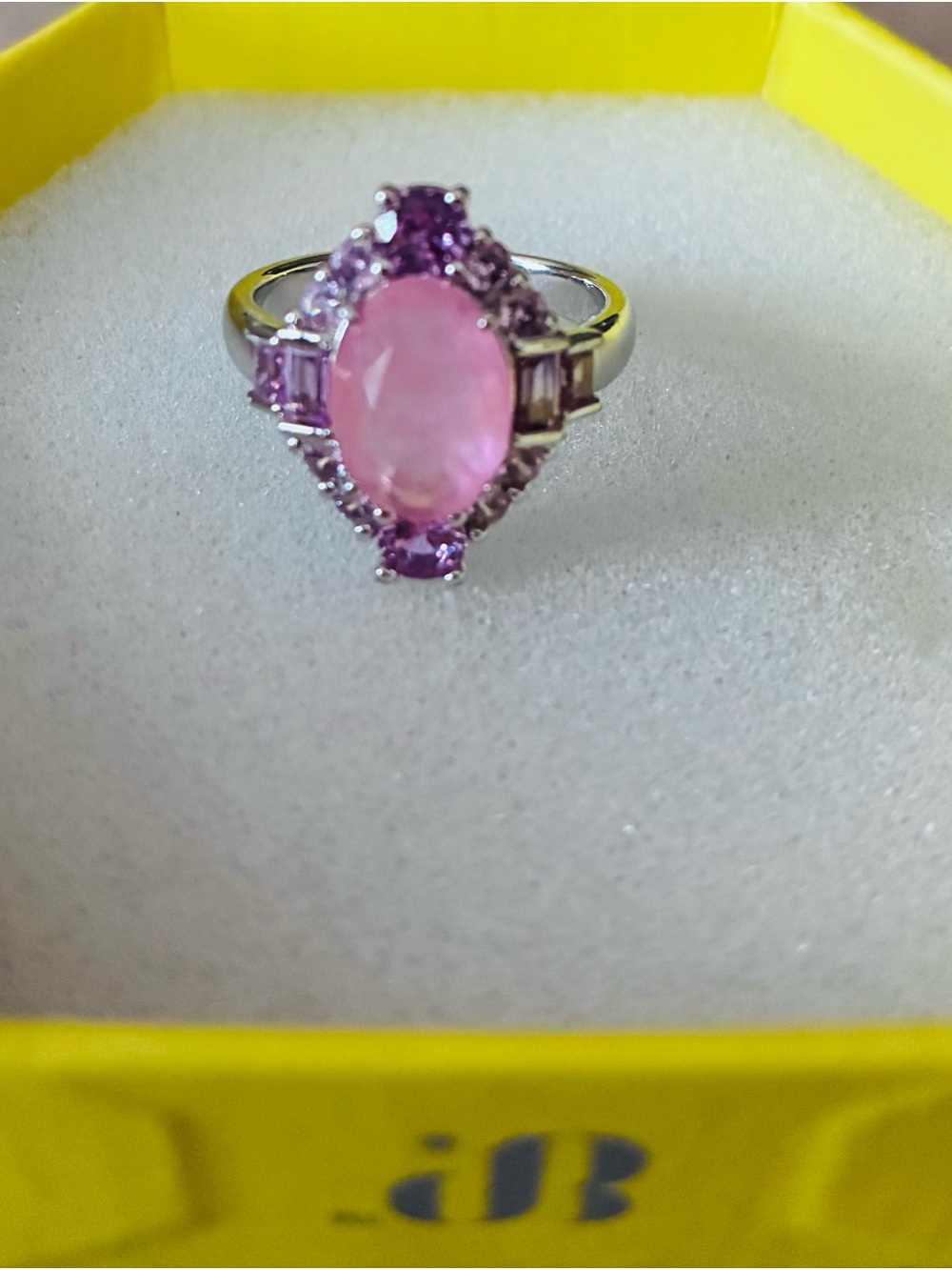 Pink Oval Halo Ring with Silver color Hematite plating Band - Women Jewelry